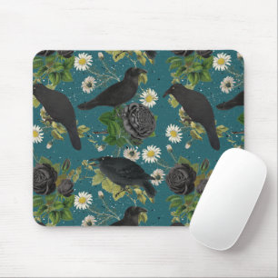 Goth Krähen & schwarze Rosen tiefblaue Muster Mousepad