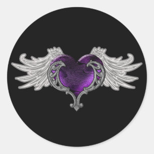 Goth Lila Heart with Angel Wings Runder Aufkleber