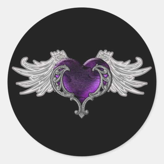 Goth Lila Heart with Angel Wings Runder Aufkleber (Vorderseite)