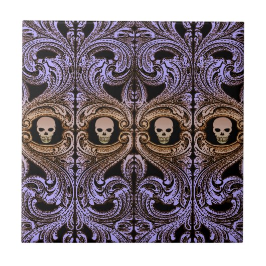 Goth Lila Ornament and Skull Tile Fliese (Vorderseite)
