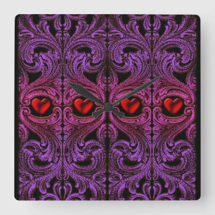 Goth Lila Ornament with Heart Quadratische Wanduhr