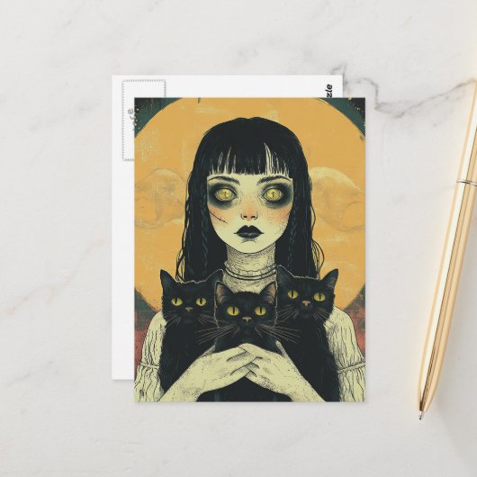 Goth-Mädchen mit drei schwarzen Katzen Postkarte (Vorderseite/Rückseite Beispiel)