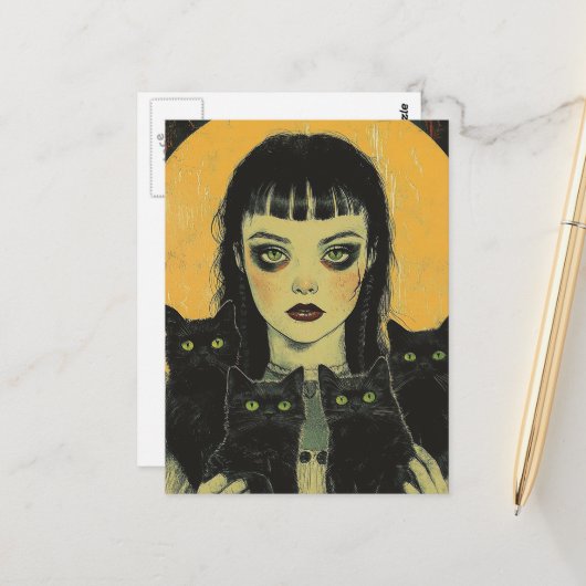 Goth-Mädchen mit vier schwarzen Katzen Postkarte (Vorderseite/Rückseite Beispiel)