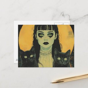 Goth-Mädchen mit zwei schwarzen Katzen Postkarte