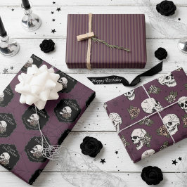Goth Maroon Lila Skulls und Stripes Halloween Geschenkpapier Set