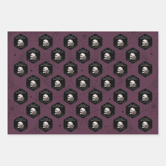 Goth Maroon Lila Skulls und Stripes Halloween Geschenkpapier Set (Vorderseite)