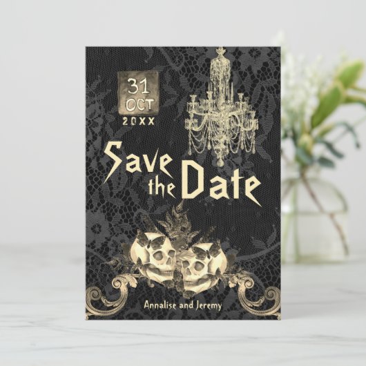 Goth Oct 31 Skeleton Halloween Hochzeit Save The Date (Stehend Vorderseite)