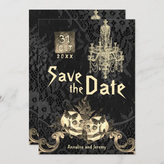 Goth Oct 31 Skeleton Halloween Hochzeit Save The Date (Vorne/Hinten)