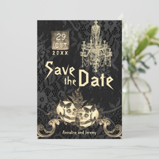 Goth October Skeleton Halloween Hochzeit Save The Date (Stehend Vorderseite)