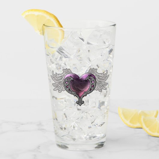 Goth Pink Heart mit Angel Wings Glass Cup Glas (Vorderseite Ice)