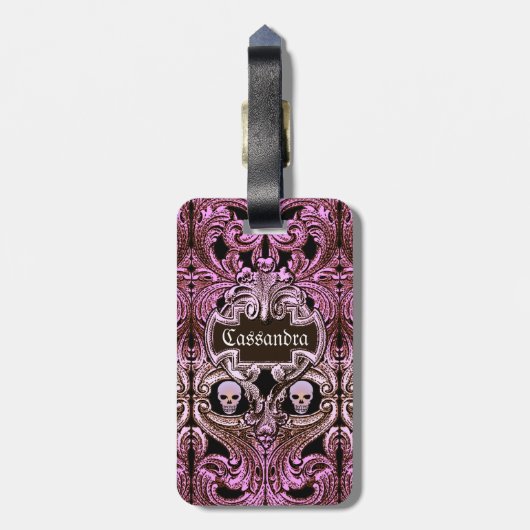 Goth Pink Ornament mit Skull Personalisiert Gepäckanhänger (Rückseite vertikal)