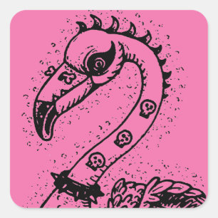 GOTH PUNK ROCKER FLAMINGO, TOTENKÖPFE, STACHELHAAR QUADRATISCHER AUFKLEBER