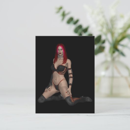 Goth Punk Vampire Frau in Black Leather Postkarte (Stehend Vorderseite)