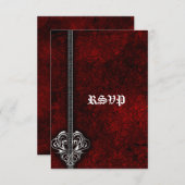 Goth Red Damask Silver Heart Hochzeit RSVP (Vorne/Hinten)