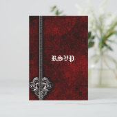 Goth Red Damask Silver Heart Hochzeit RSVP Custom Karte (Stehend Vorderseite)