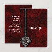 Goth Red Damask Silver Heart Hochzeit RSVP Karte (Vorne/Hinten)