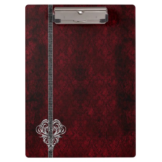 Goth Red Damask Silver Heart Klemmbrett (Vorderseite)