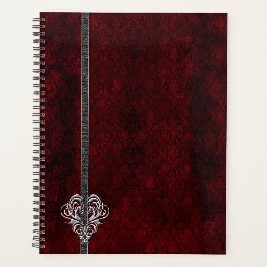 Goth Red Damask Silver Heart Planer (Vorderseite)
