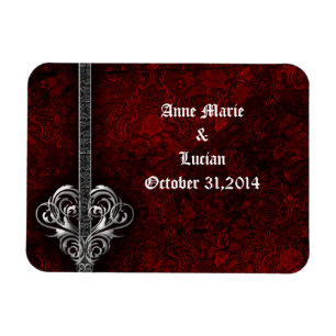 Goth Red Damask Silver Heart Save the Date Magnet