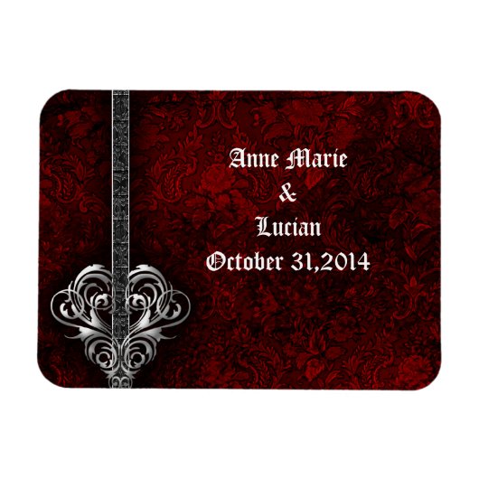 Goth Red Damask Silver Heart Save the Date Magnet (Horizontal)