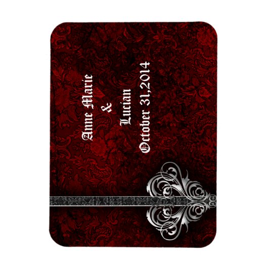 Goth Red Damask Silver Heart Save the Date Magnet (Vertikal)