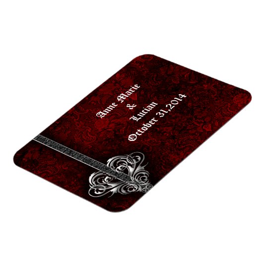 Goth Red Damask Silver Heart Save the Date Magnet (Linke Seite)