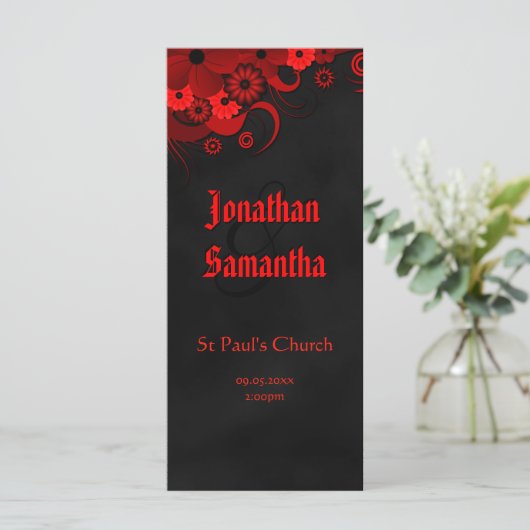 Goth Red Floral Black Chalkboard Hochzeitsprogramm Programm (Stehend Vorderseite)