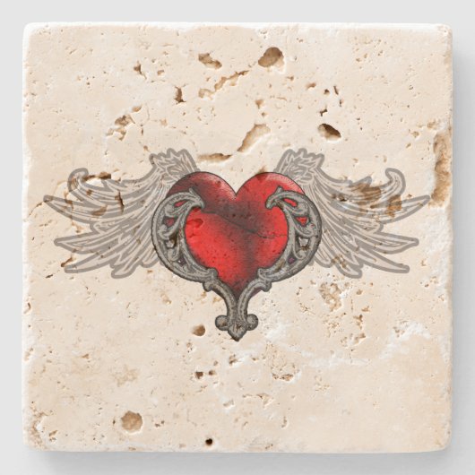 Goth Red Heart mit Angel Wings Steinuntersetzer (Vorderseite)