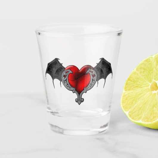Goth Red Heart mit Bat Wings Shot Glas (Vorderseite)