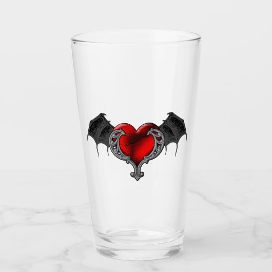 Goth Red Heart with Bat Wings Glass Cup Glas (Vorderseite)