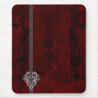Goth Red Silver Heart Damask Mousepad