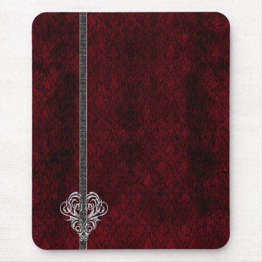 Goth Red Silver Heart Damask Mousepad (Vorne)