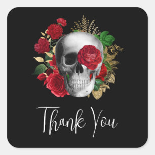Goth-Schädel mit roten Blumen Danke Quadratischer Aufkleber