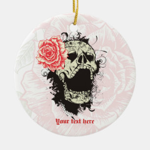 Goth-Schädel mit Vintage-Rosette als Erinnerungs-S Keramik Ornament