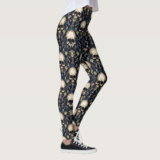 Goth-Schädel und blaue Blumenmuster Leggings (Rechts)
