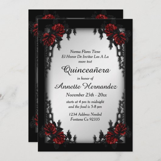 Goth Silver Quinceañera Einladung (Vorne/Hinten)