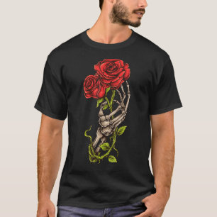 Goth Skeleton Hand Rote Rose Blume Liebe und Tod T-Shirt