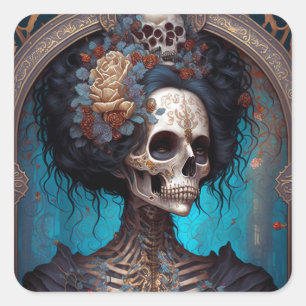 Goth Skeleton Skull Woman Gothic Quadratischer Aufkleber