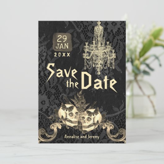 Goth Skeleton Wedding Save the Date (Stehend Vorderseite)