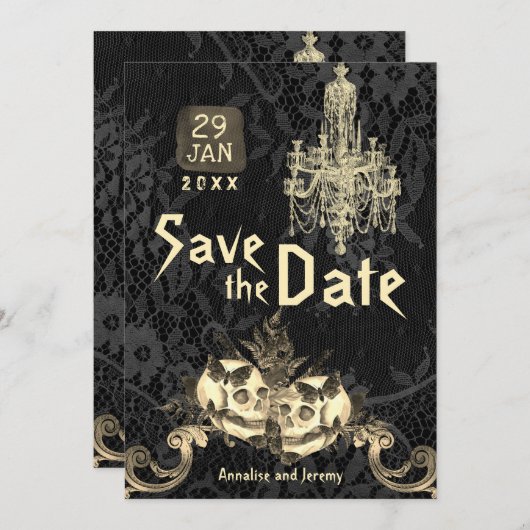 Goth Skeleton Wedding Save the Date (Vorne/Hinten)