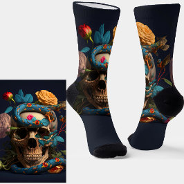Goth Skull, Blue Snake & Flowers on Blue Socken
