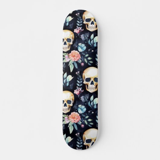 Goth Skull Blume Wasserfarbmuster Skateboard (Vorne)