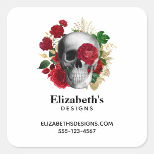 Goth Skull mit Red Blume Business Quadratischer Aufkleber