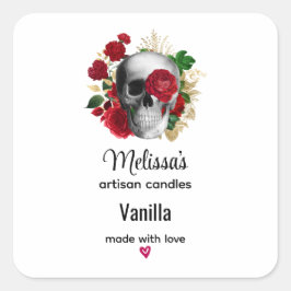 Goth Skull mit Red Blume Candle Business Quadratischer Aufkleber
