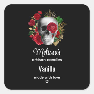 Goth Skull mit Red Blume Candle Business Quadratischer Aufkleber