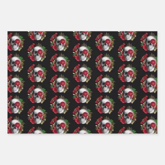 Goth Skull mit Red Blume & Gold Blätter (Vorderseite 2)