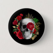 Goth Skull mit Red Blume & Gold Blätter Button (Vorderseite)