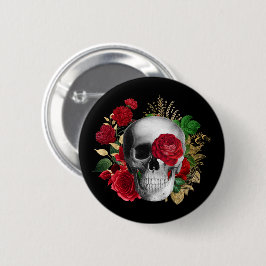 Goth Skull mit Red Blume & Gold Blätter Button
