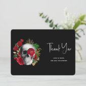 Goth Skull mit Red Blume & Gold Blätter Dankeskarte (Stehend Vorderseite)