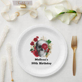 Goth Skull mit Red Blume & Gold Blätter Geburtstag Pappteller